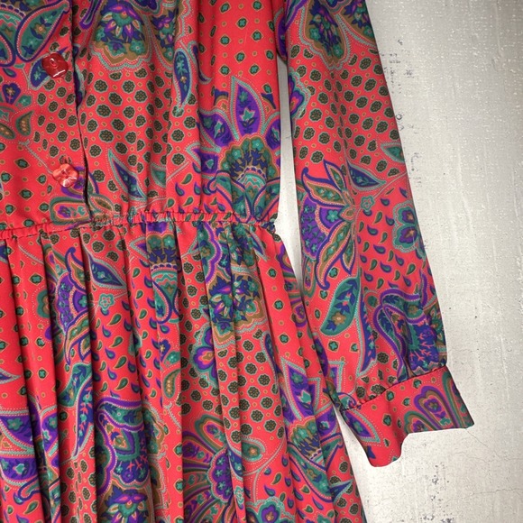 Vintage Serben Red Paisley Print Modest Long Sleeve Dress | Size: 12 - Picture 3 of 15